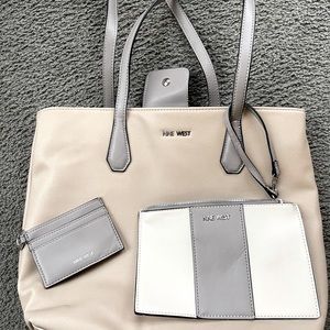 Nine West Handbag-3 piece set. Tan & Gray. ID/Credit Card Holder & Wristlet.